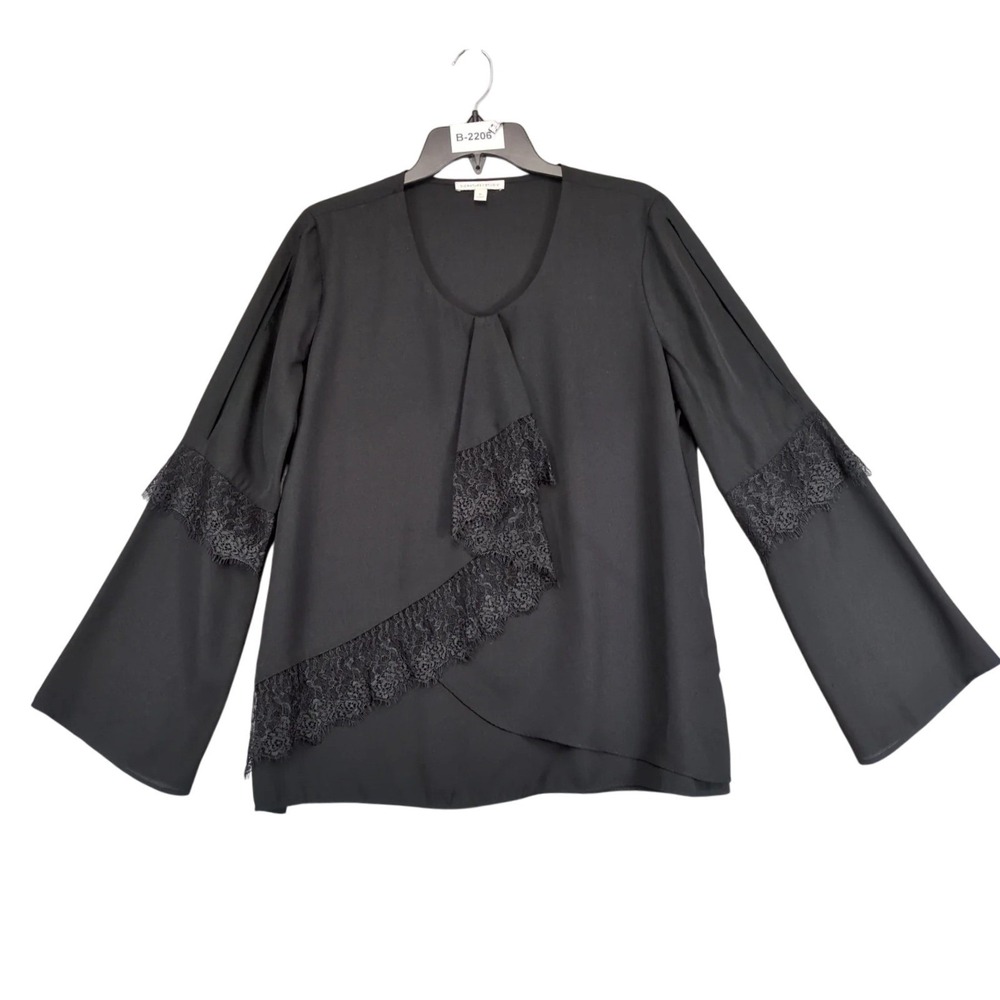 NWT Signature Studio Black Blouse Womens XL Lace Layered Asymmetric Flare Sleeve